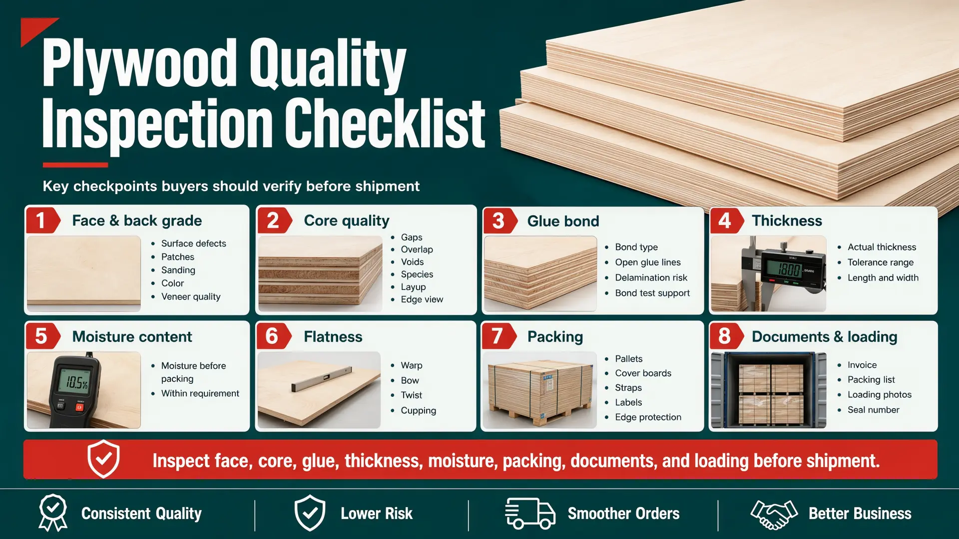plywood quality inspection checklist for face core glue thickness moisture packing and documents
