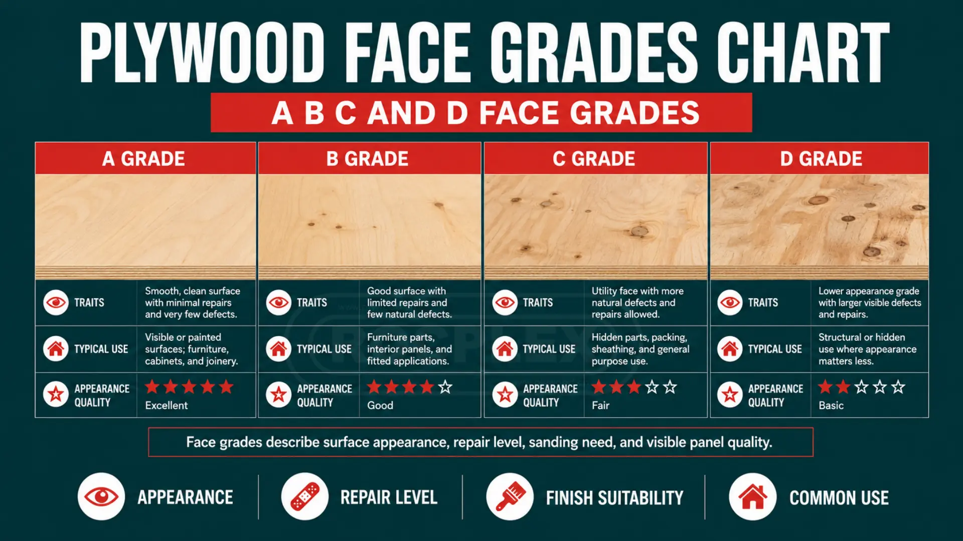 plywood face grades chart for A B C and D grade panels