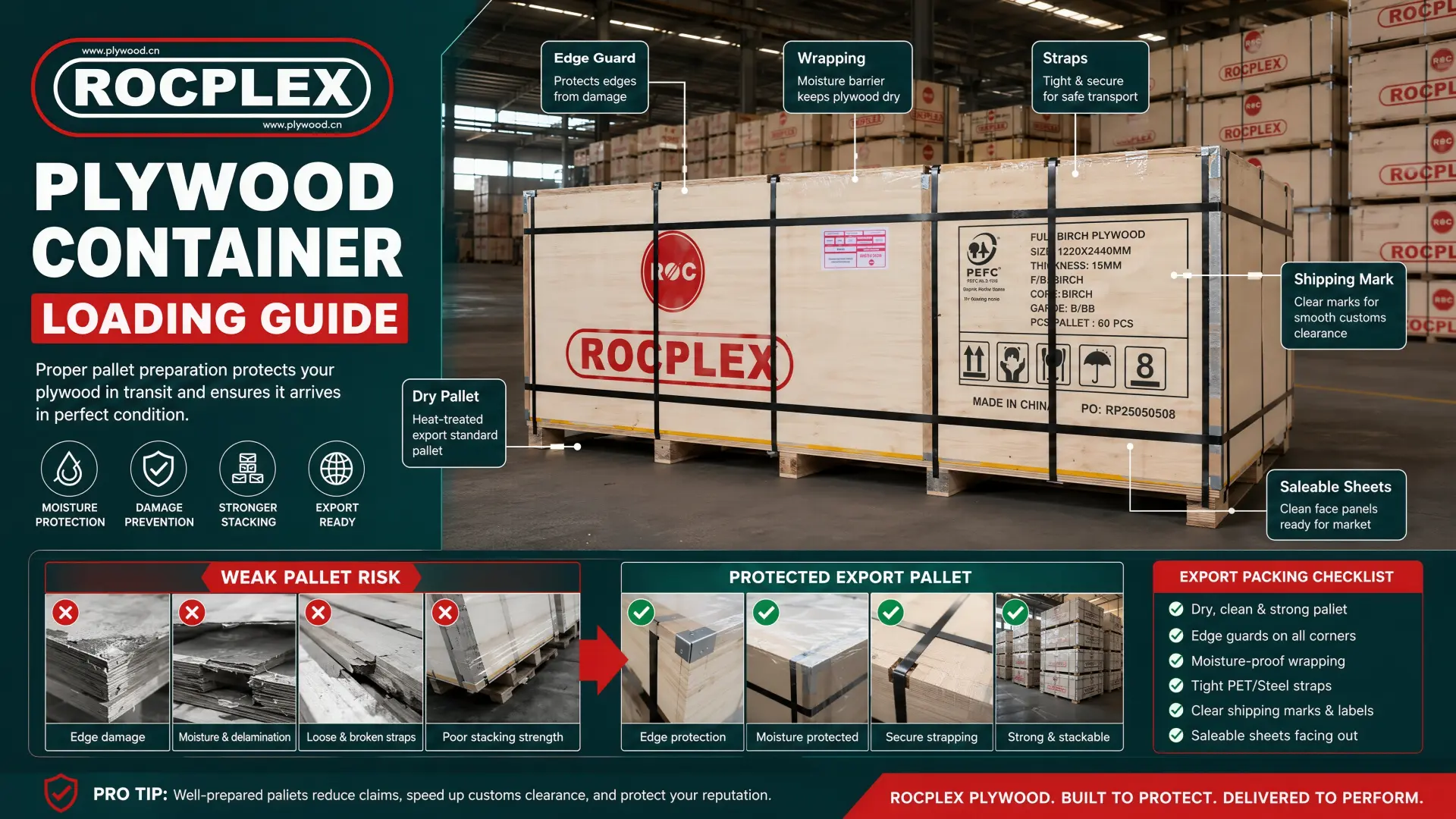 Plywood pallet protection before container loading with edge guards, wrapping, straps, shipping marks, clean pallets, and saleable sheets