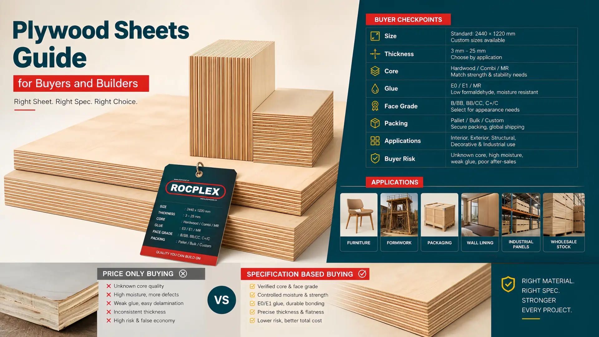 Plywood sheets guide for buyers and builders showing sheet size, thickness, core, glue, face grade, packing, and application choice