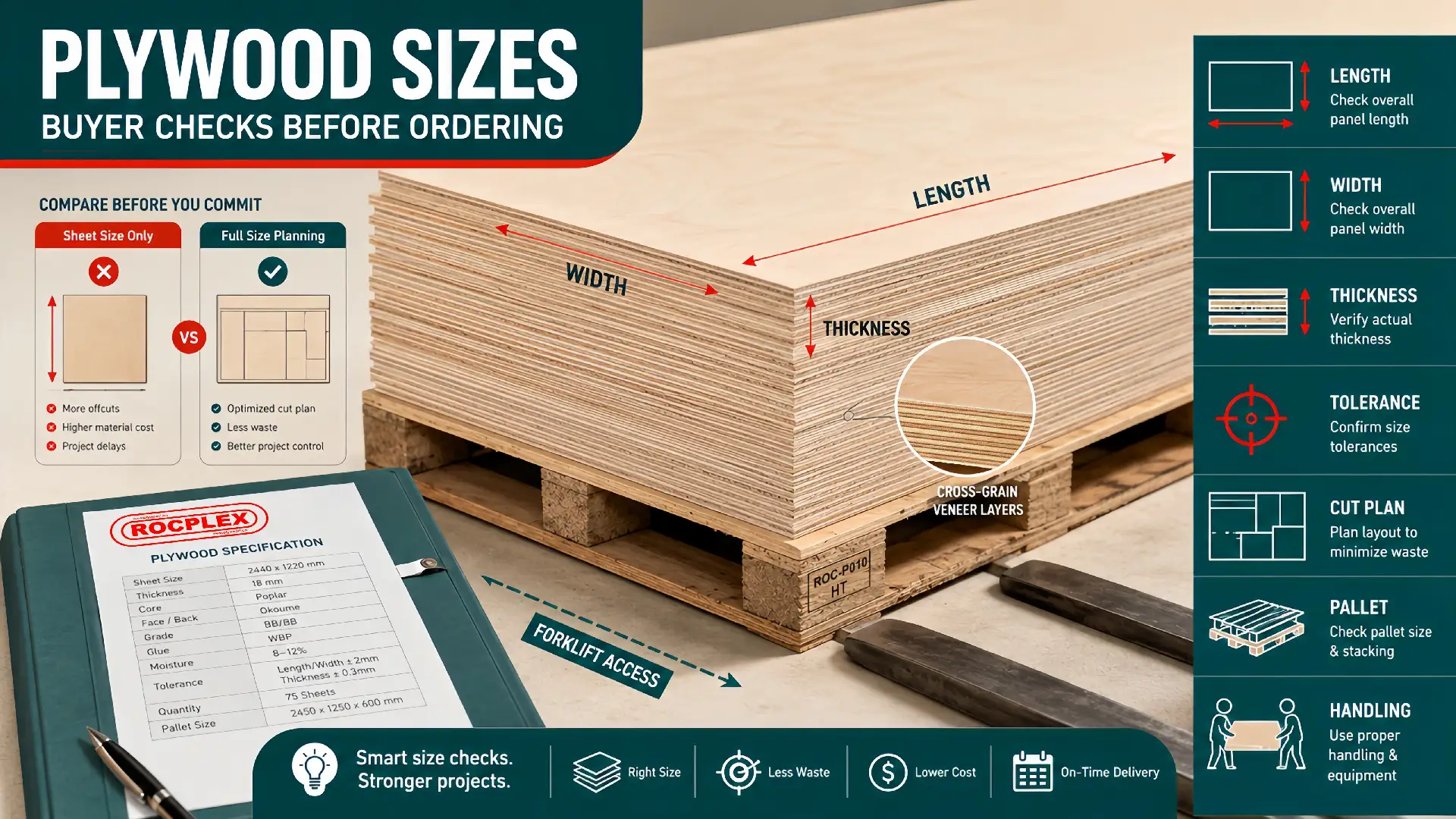 Plywood sizes guide for buyers showing sheet length, width, thickness, tolerance, cut plan, pallet handling, and ordering checks