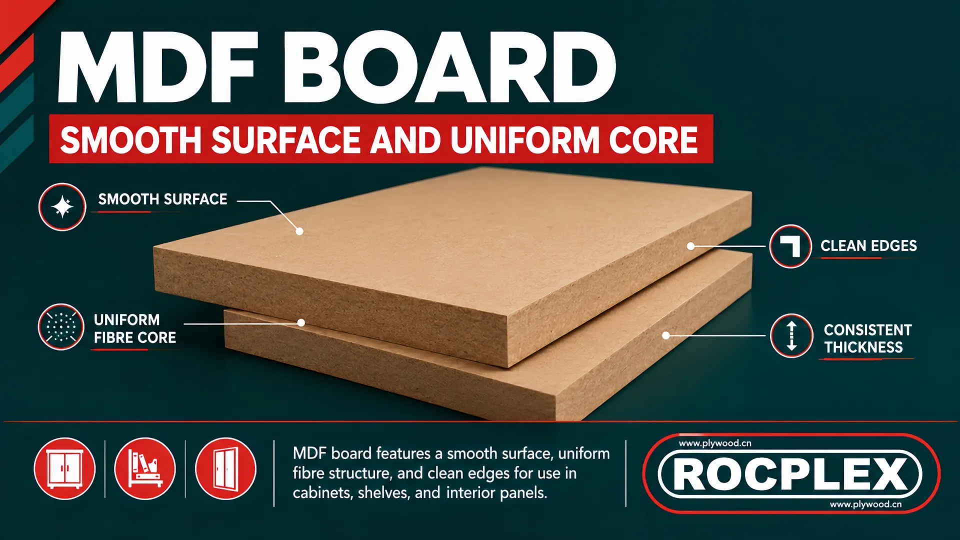 MDF board with smooth surface, uniform fibre core, clean edges, and consistent thickness for interior furniture use