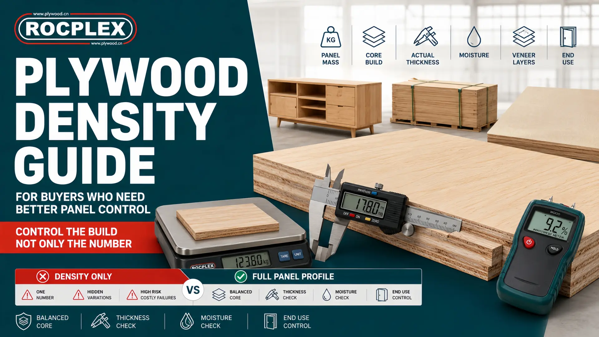 Plywood density guide for buyers showing panel mass, core construction, actual thickness, moisture condition, veneer layers, and product control checks