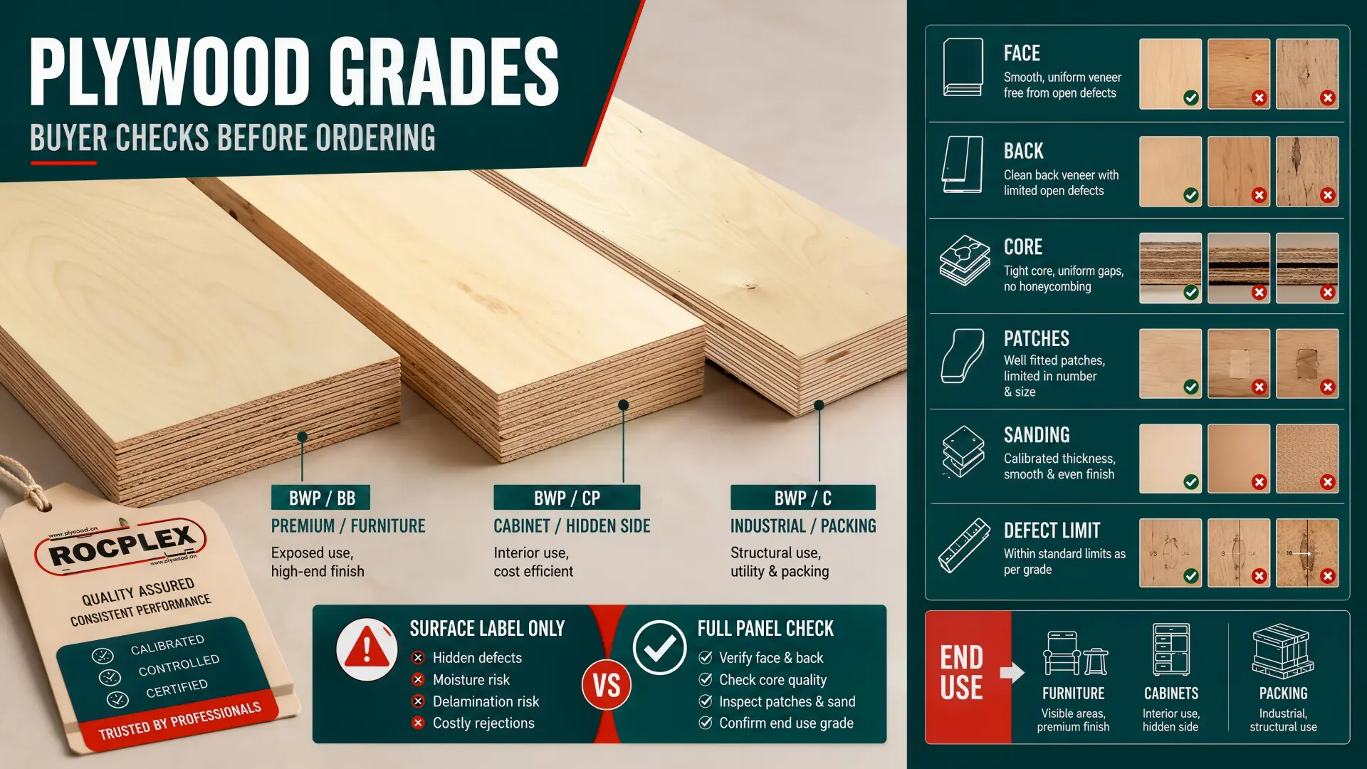 Plywood grades guide for buyers showing face grade, back grade, core quality, defect limits, surface finish, and end-use selection