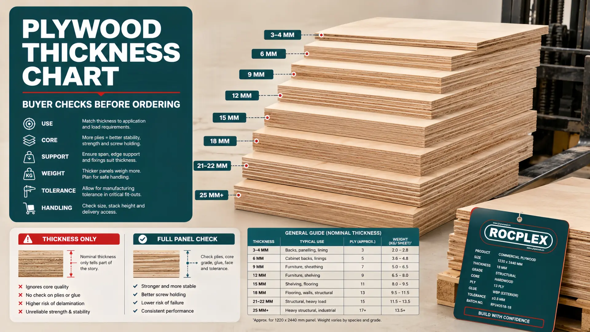 Plywood thickness chart for buyers and builders showing common panel thicknesses, core layers, panel uses, handling weight, and purchase checks