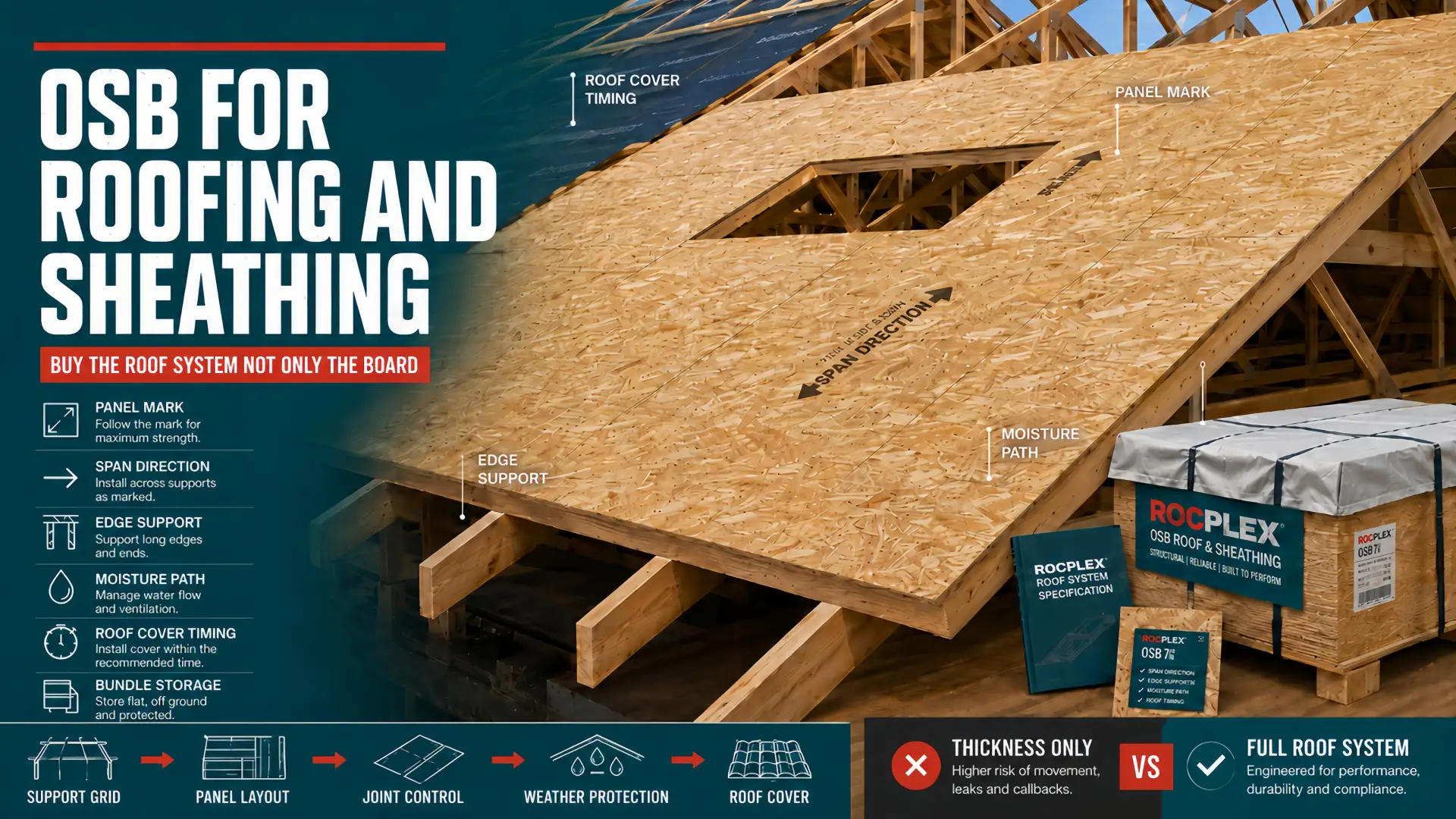OSB for roofing buyer guide showing roof sheathing panels, support grid, panel direction, edge support, moisture exposure, roof covering, and protected bundle storage